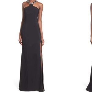NWT black embellished halter gown